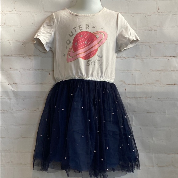 Sunny Fashion Girls Outer Space T-Shirt Dress with Navy Tulle Skirt - Picture 1 of 7